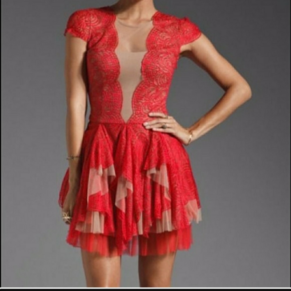 BCBGMaxazria Rochelle Red and Nude Lace Mini Dress